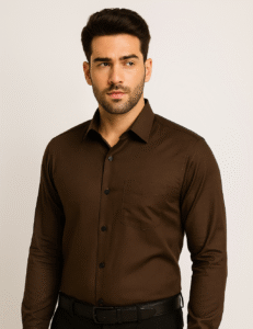 This chocolate brown men's formal shirt offers a perfect tailored fit, crafted from soft blended cotton and detailed with classic black buttons – ideal for office wear, party looks, and business dressing.