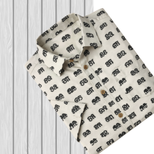 Men’s Sanganeri Script Print Shirt – Off White, Cotton Blend, Half Sleeve