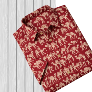 Men’s Sanganeri Camel Print Shirt – Maroon, Cotton Blend, Half Sleeve