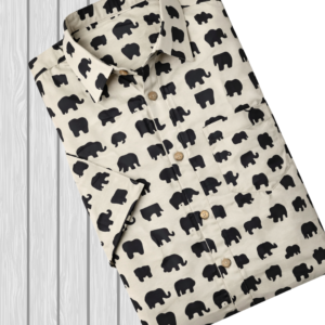 Men’s Sanganeri-Inspired Elephant Print Shirt – Grey & Black, Cotton Blend, Half Sleeve