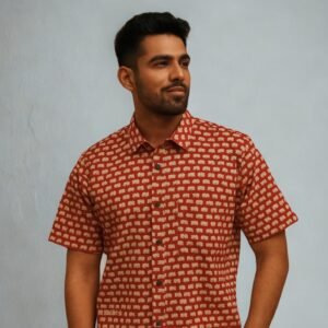 Men’s Sanganeri Elephant Print Shirt – Rust Red, Cotton Blend, Half Sleeve