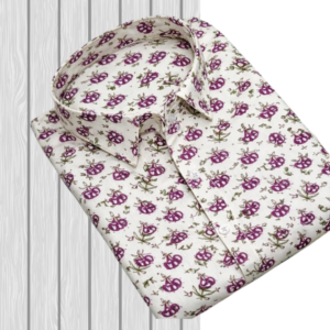 Cream Purple Floral Sanganeri Hand Block Printed Half Sleeve Cotton Shirt