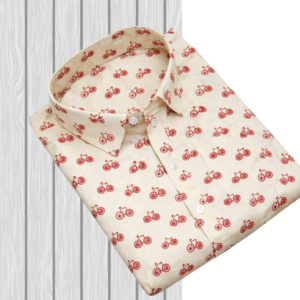 Cream Red Cycle Motif Sanganeri Hand Block Printed Half Sleeve Cotton Shirt