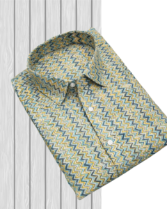 Beige Blue Zigzag Hand Block Printed Pure Cotton Shirt for Men