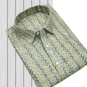 Beige Blue Zigzag Hand Block Printed Pure Cotton Shirt for Men