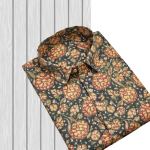 Teal Bold Floral Sanganeri Hand Block Printed Half Sleeve Cotton Shirt