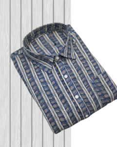 Navy Blue Brown Striped Hand Block Printed Cotton Half Sleeve Shirt for Men