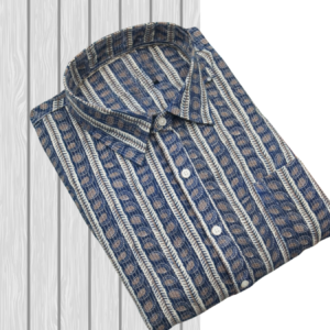Navy Blue Brown Striped Hand Block Printed Cotton Half Sleeve Shirt for Men