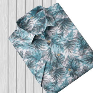 Men's Blue Leaf Print Half Sleeve Shirt