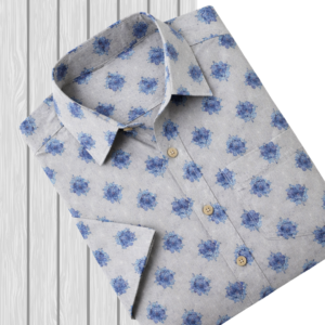 Beige Blue Floral Sanganeri Hand Block Printed Half Sleeve Cotton Shirt